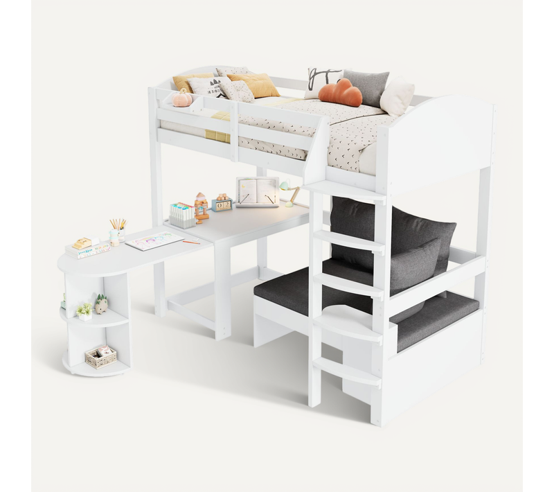 Lit Mezzanine Enfant 90x200 Cm - Bureau Extensible, Canapé Avec Rangements Et Étagères, Bois Blanc