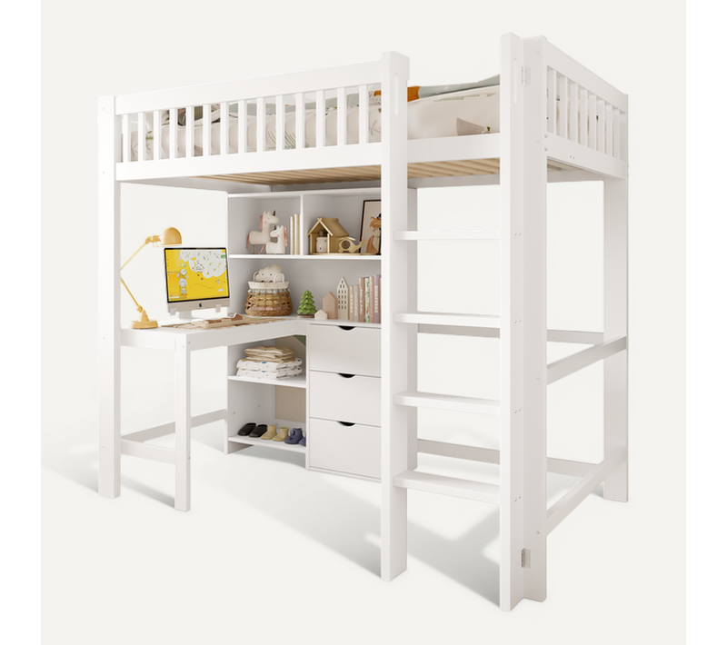 Lit Mezzanine Enfant 90x200 Cm Avec Bureau Et 3 Tiroirs De Rangements, Bois De Pin Blanc