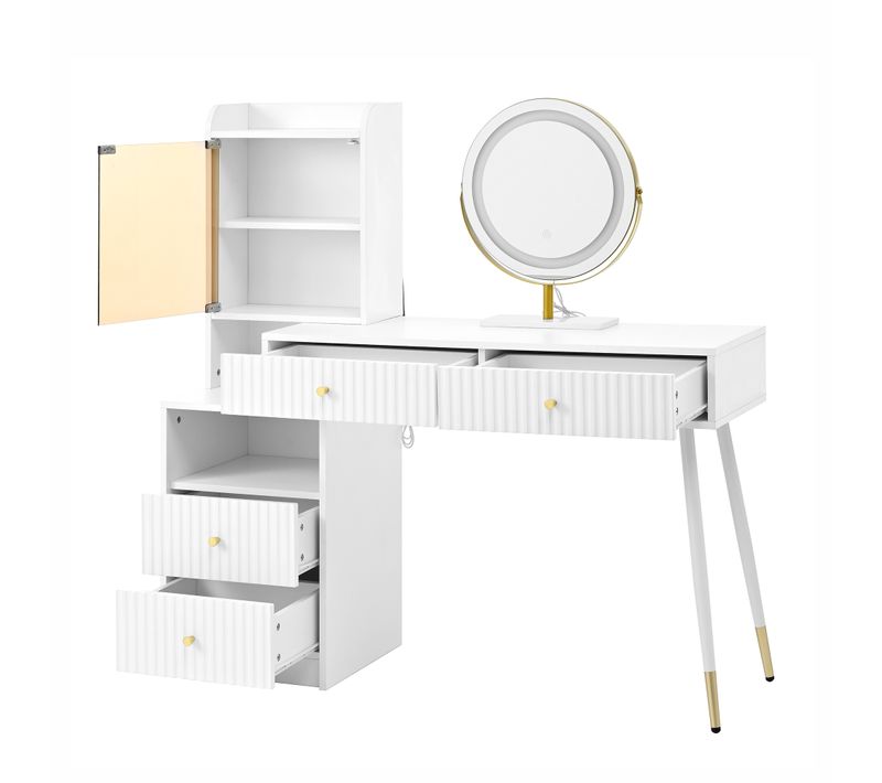 Coiffeuse Blanche 100x40x125 Cm, Miroir LED 3 Couleurs, 4 Tiroirs, Vitrine Éclairée