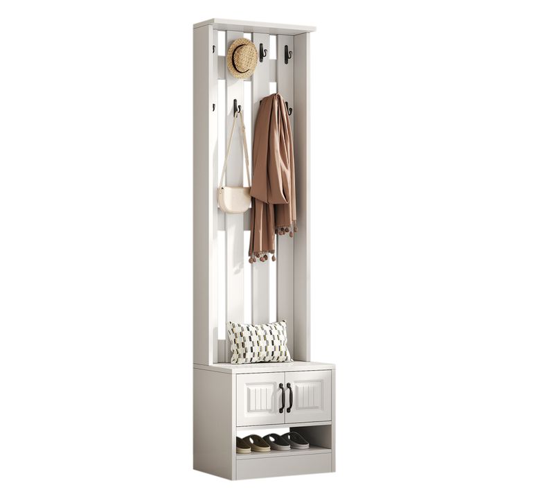 Vestiaire D'entrée Blanc H.190 Cm — 2 Portes, 8 Crochets Siège Et Poignées Métal Noir