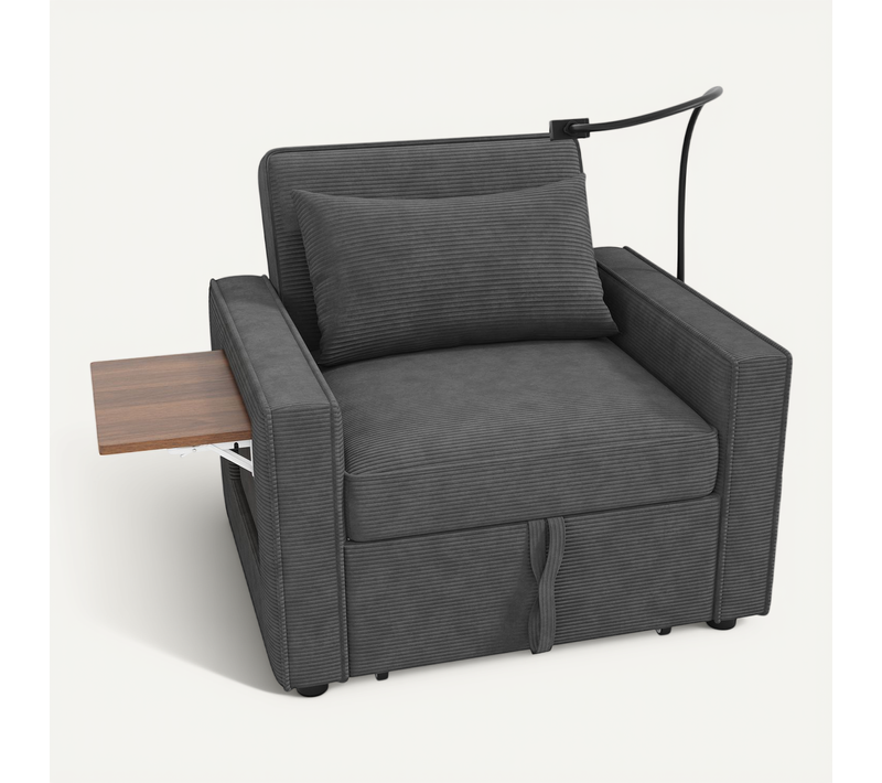 Fauteuil Convertible 1 Place En Velours Côtelé Gris Avec Ports USB/type-c Et Support Téléphone