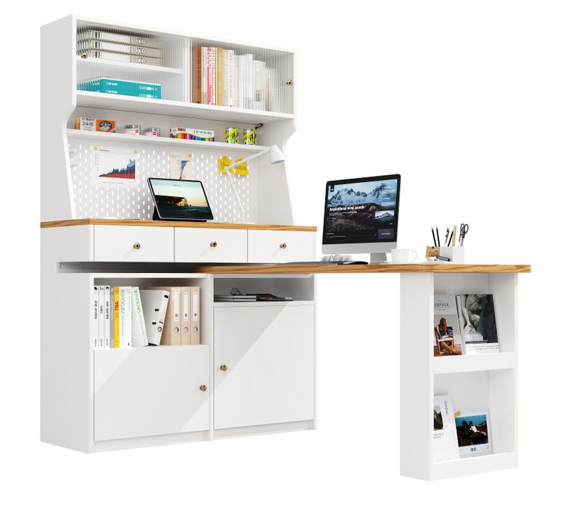 Buffet Haut.178 Cm Blanc LED Avec 4 Portes Et 3 Tiroirs, Bureau Intégré, Rangements Ouverts