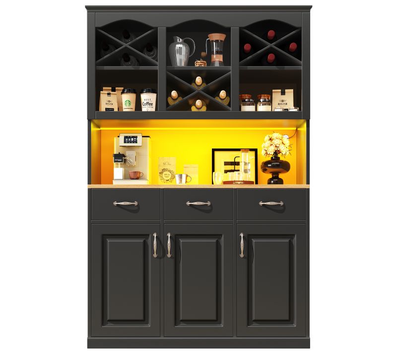 Buffet De Cuisine Haut.180 Cm Noir LED Avec 3 Portes, 3 Tiroirs Et Casier à Vin, Grand Rangement