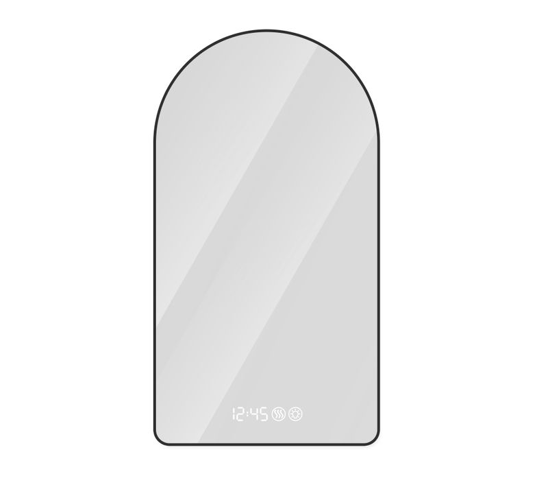 Miroir Arqué LED 70x120 Cm, Cadre Noir Métal, Anti-buée, 3 Températures, Horloge/température
