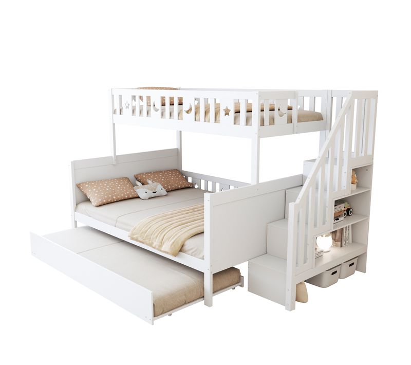 Lit Superposé 90x200/140x200 Cm Avec Lit Gigogne Et Étgaères De Rangements, Pin Blanc