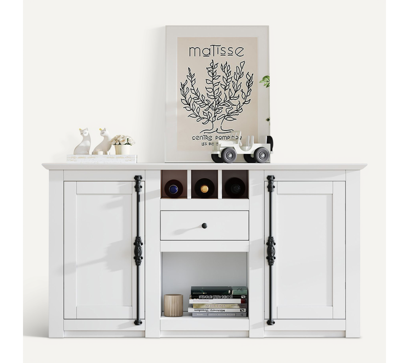 Buffet Blanc 130x35x70 Cm Avec 2 Portes, Tiroir Et 3 Casiers à Vin, Poignées Métal, Rangement