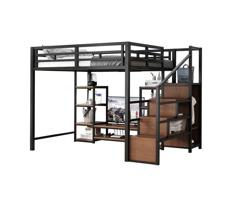 Lit Mezzanine Adulte 140x200 Cm Avec Support TV, Prise Intégrée Et Rangements, Métal Et Bois Noir