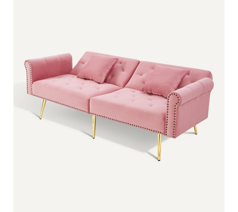 Canapé Convertible 2 Places 173x75x70 Cm En Velours Rose Avec Dossier Réglable Et Pieds Métal Doré