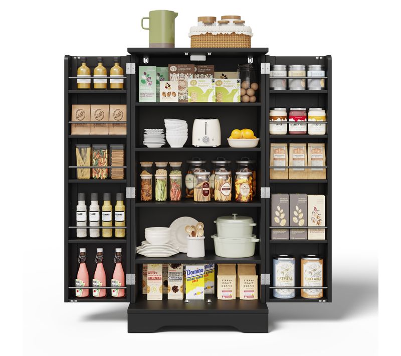 Buffet De Cuisine Noir, Armoire Haute 120x60x40 Cm, 2 Portes, LED Rechargeable, Finition Bois