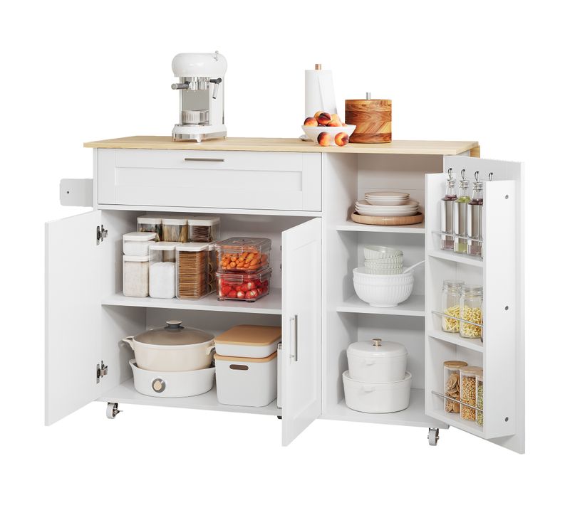 Desserte De Cuisine 132,5×44(70)×90 Cm, Plateau Pliant Avec Rangements, Tiroir Et 3 Portes