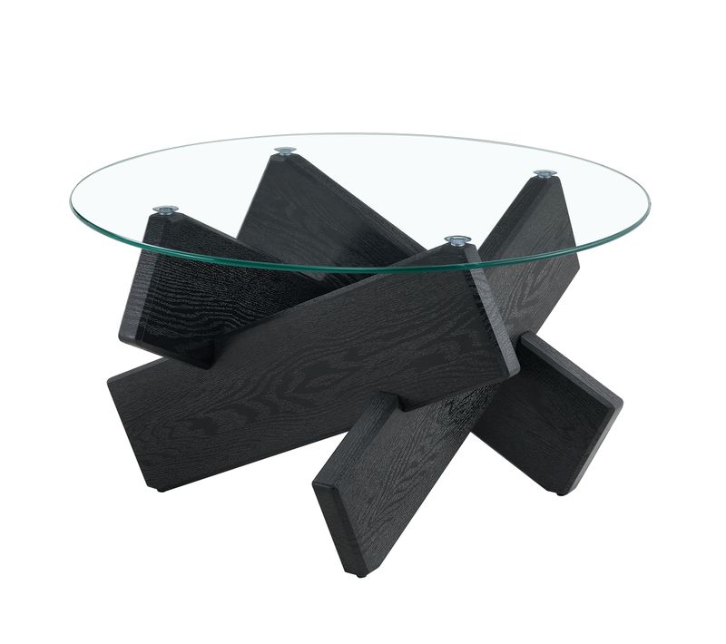 Table Basse Ronde Ø 79 Cm En Mdf Et Verre Trempé 0,8 Cm — Piètement Croisé Noir