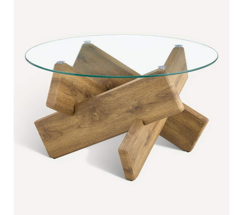 Table Basse Ronde Ø79 Cm En Mdf Et Verre — Piètement Croix Bois, Plateau Transparent