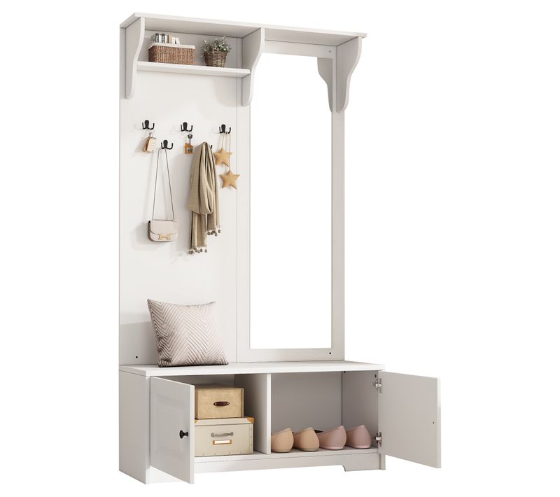 Vestiaire 100 X 40 X 180 Cm Avec Miroir, Banc à Chaussures, 5 Crochets, 2 Armoires — Blanc