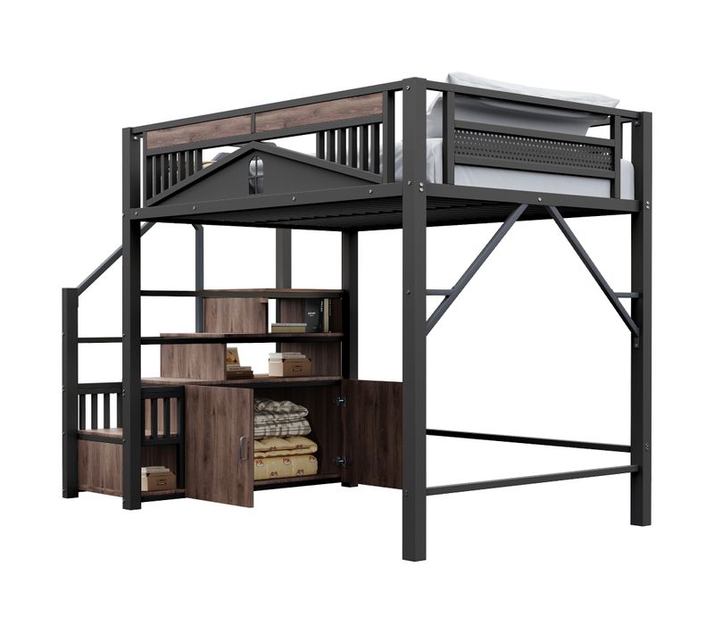 Lit Mezzanine Adulte 140x200 Cm En Métal Et Bois Noir, Avec Rangements Et Sommier à Lattes