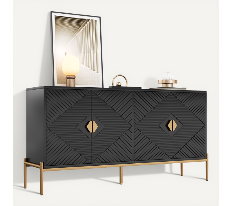 Buffet Noir à 4 Portes 162 X 40 X 80 Cm, Motif Géométrique, Poignées Dorées, Pieds Métal