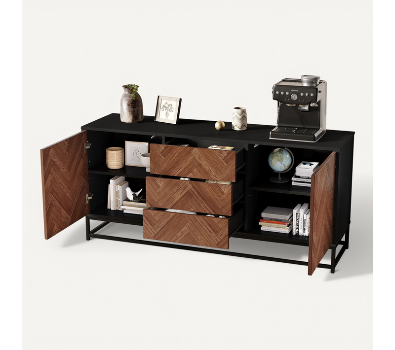 Buffet Bois Chêne, Métal Noir 145 X 40 X 67 Cm Avec 3 Tiroirs Et 2 Portes, Rangement Pratique