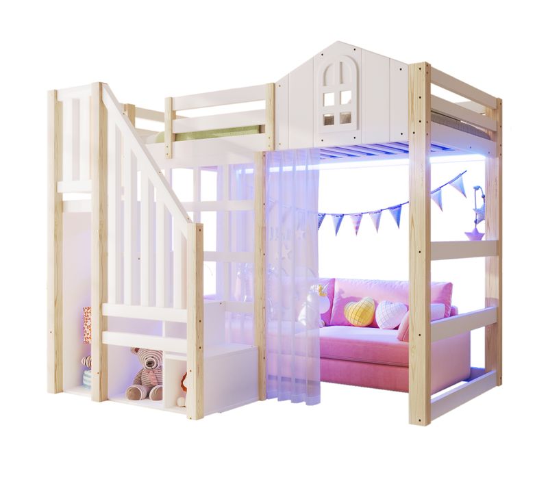 Lit Mezzanine Enfant 90x200 Cm Avec LED, Échelle De Rangement, Pin Blanc Et Naturel
