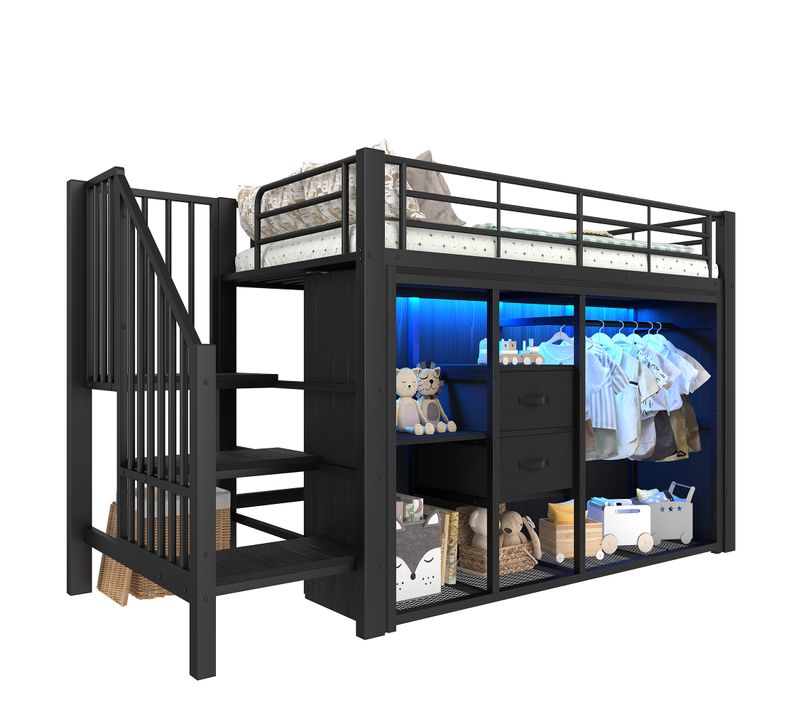 Lit Mezzanine Enfant 90x200 Cm Métal Noir Avec LED, 2 Tiroirs Et Penderie, Rangements Ouverts