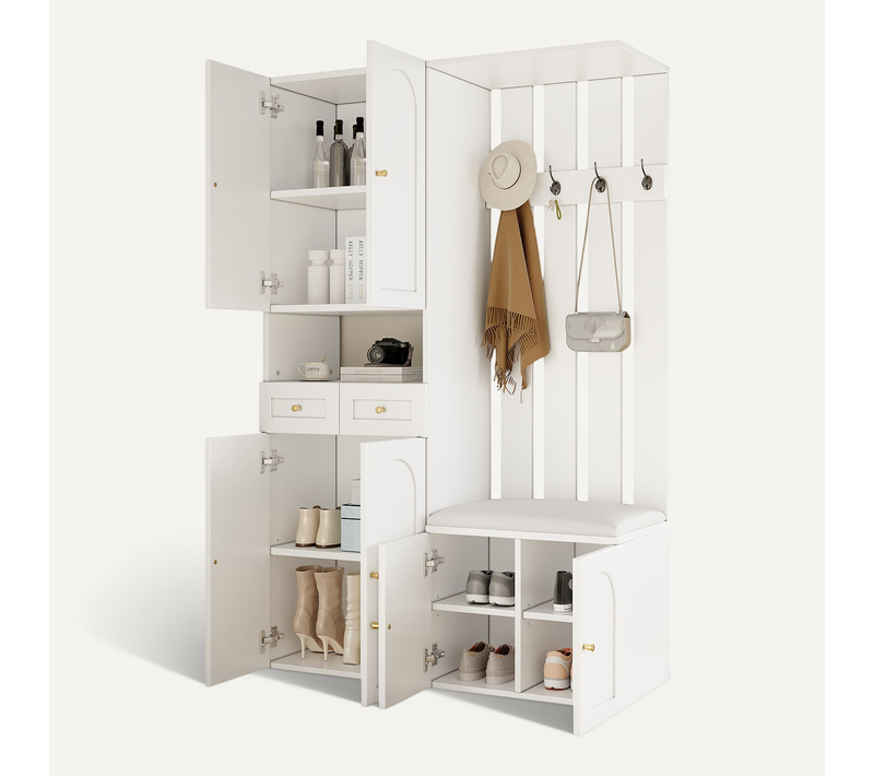 Vestiaire D'entrée Blanc H.180 Cm — Banc Et Armoire à Chaussures, 6 Portes, 2 Tiroirs