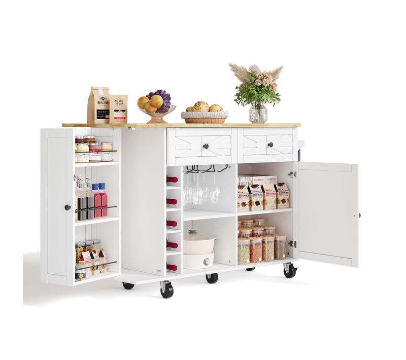 Desserte, Îlot De Cuisine Blanc Plan Rabattable à Roulettes, 2 Tiroirs Et 2 Portes, Porte-bouteilles