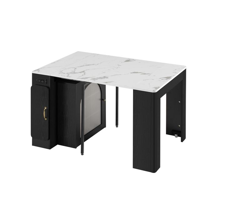 Îlot De Cuisine, Table De Bar Noir Et Blanc LED Extensible à Roulettes, Rangement, Prises USB/type‑c