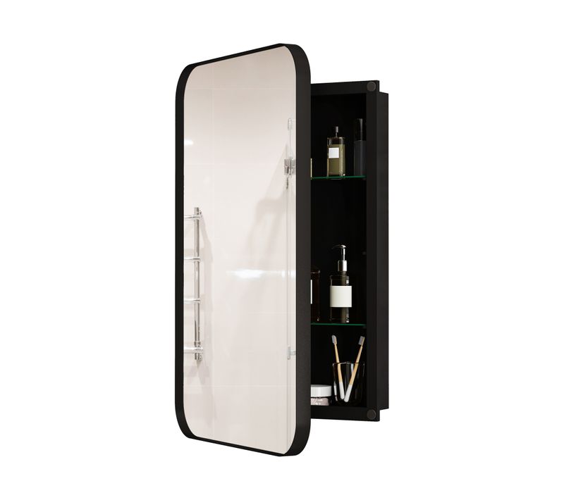 Miroir Avec Rangement Salle De Bain Noire, Cadre Métal, Armoire Cachée, Étagères Réglables