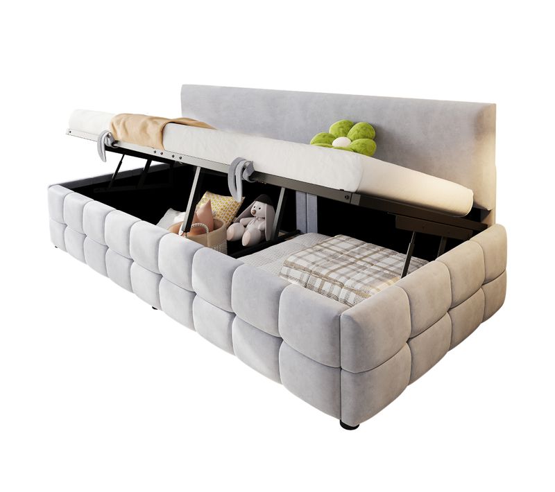 Lit Enfant 90x200 Cm, Canapé-lit Coffre Velours Gris Clair Avec Rangement Hydraulique