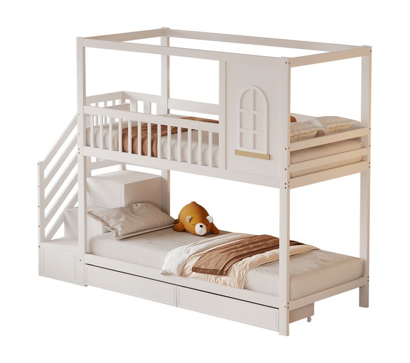 Lit Superposé Enfant 90x200 Cm En Bois Blanc Avec Tiroirs Et Escalier De Rangement