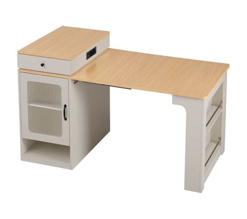 Table De Bar, Îlot De Cuisine Extensible, Rangement Pratique — Prises USB/type-c, Blanc Et Bois