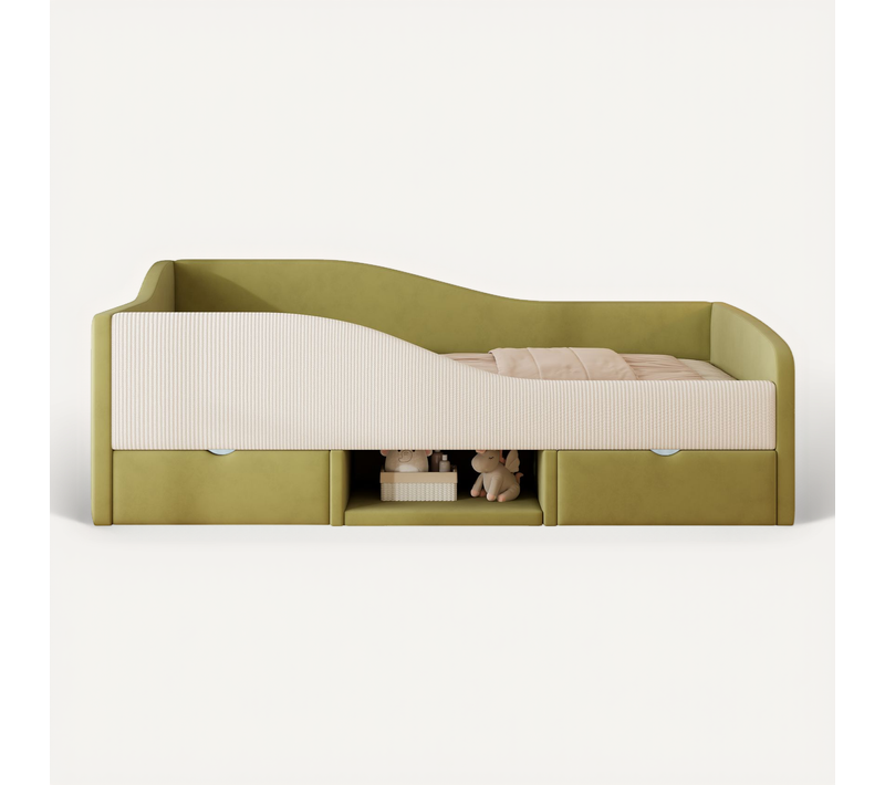 Lit Enfant 90x190 Cm Velours Vert Foncé Et Ivoire, 2 Tiroirs De Rangement Et Barrières De Sécurité