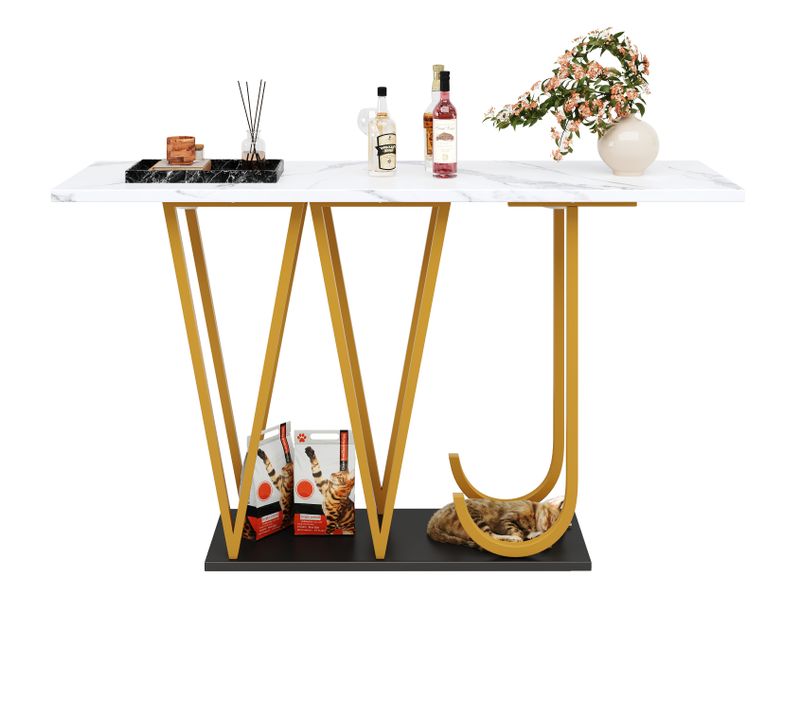 Table Console D'entrée 120x29,5x80 Cm, Plateau Effet Marbre Blanc, Pieds Métal Doré