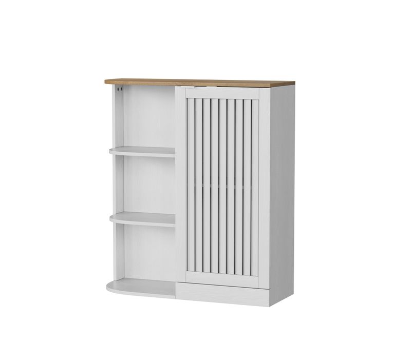 Colonne, Buffet Salle De Bain, Meuble D’angle Blanc Et Chêne Avec 3 Étagères Ouvertes