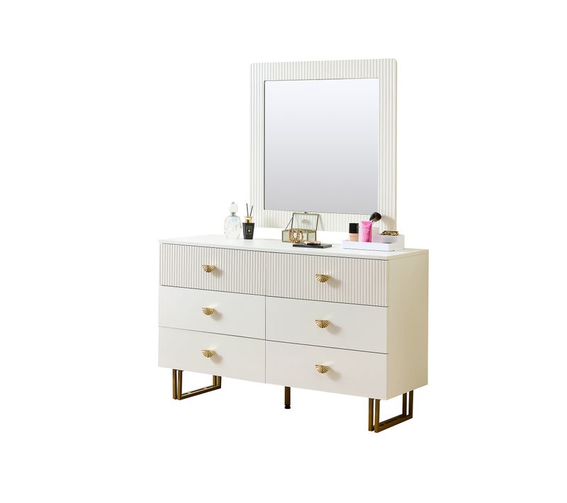 Commode Blanche Avec Miroir 80x80 Cm, 6 Tiroirs Et Dorés, Grand Rangement, Salon Chambre Et Entrée