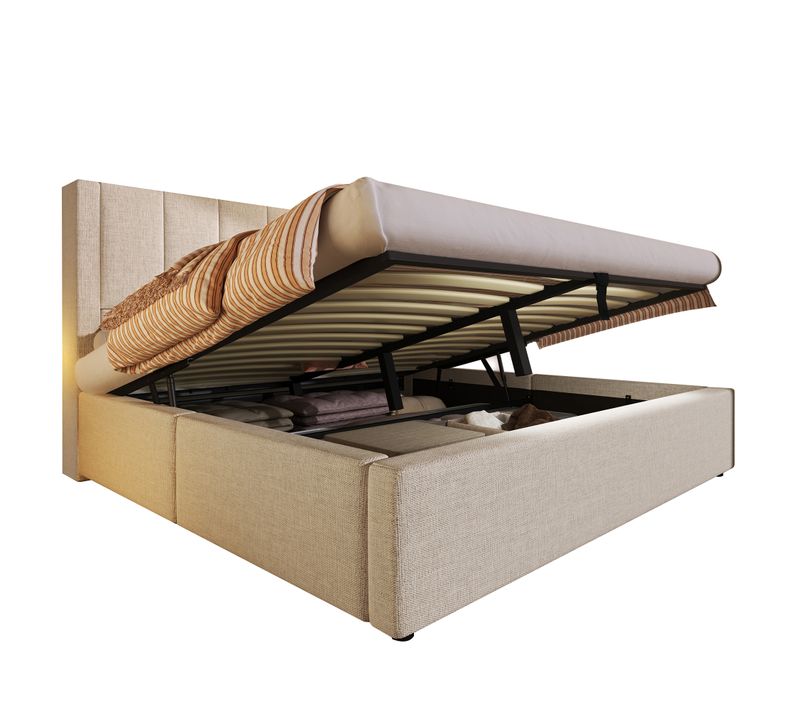 Lit Adulte Coffre 140x190 Cm Avec Rangement Hydraulique, Ports USB/type-c, Lin Beige
