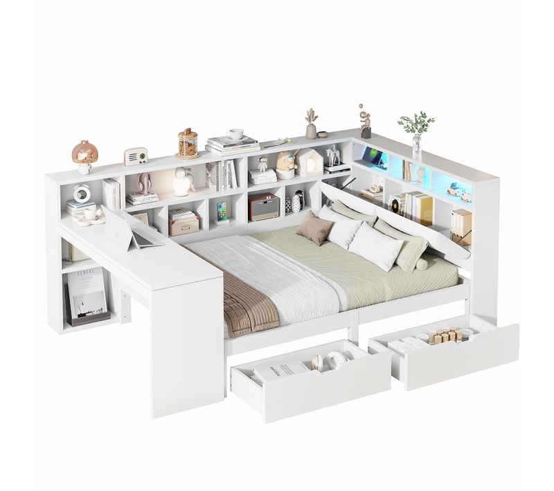 Lit 140x200 2 Places Avec Bureau Intégré, LED, Ports USB, 2 Tiroirs Et Rangements, Bois Blanc