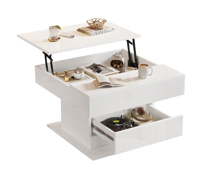 Table Basse Carrée Relevable 70cm Blanche Laquée Rotation 360°, Tiroir Et Rangement Caché