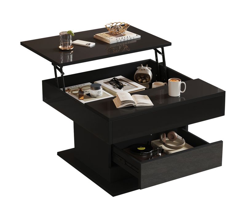 Table Basse Carrée Relevable 70cm Noire Laquée Rotation 360°, Tiroir Et Rangement Caché