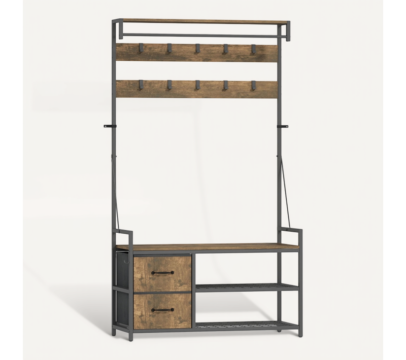 Vestiaire, Armoire D’entrée, 10 Crochets, 2 Tiroirs, Étagères à Chaussures, Bois Brun Et Métal