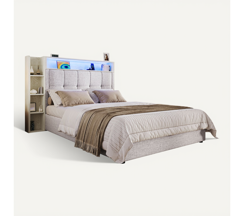 Lit Enfant Coffre 90x200 Cm LED Avec Rangements, Ports USB/type-c, Tissu Lin Beige