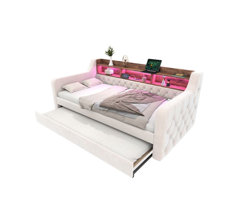 Lit Gigogne Enfant 90x190 Cm Velours Beige Avec Rangement, LED Et Port USB‑c, Sommiers à Lattes
