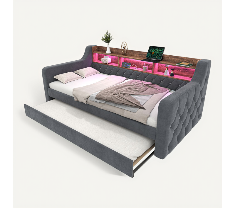 Lit Gigogne Enfant 90x190 Cm En Velours Gris Foncé — Rangement, LED, Port USB‑c, Cadre Métal‑bois