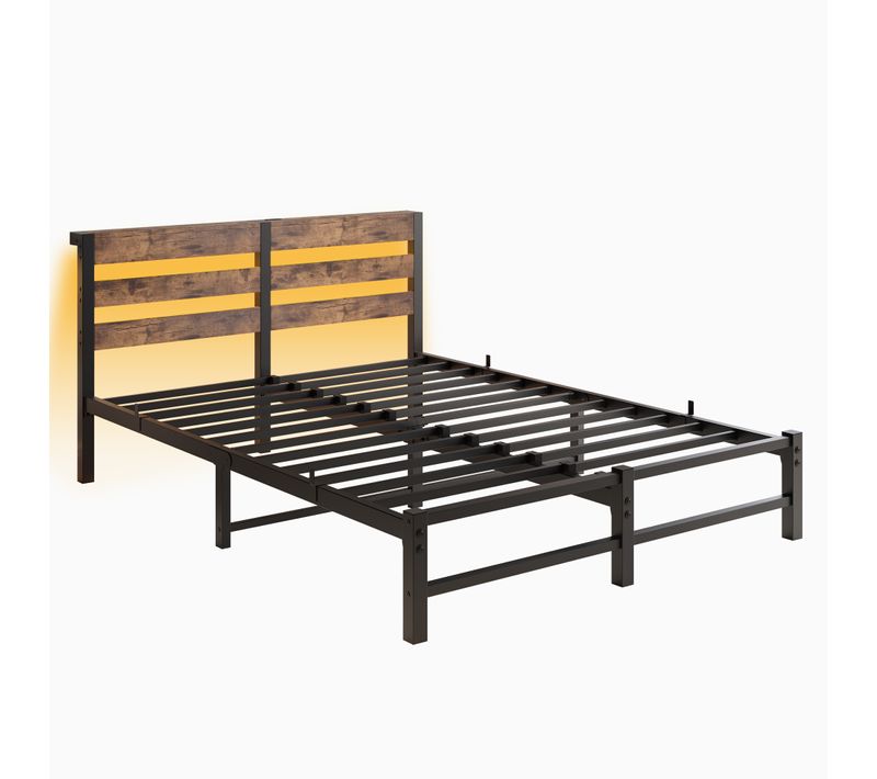 Lit Adulte 140x200 Cm Métal Noir Et Bois Marron, LED Rgb, 2 Ports USB, Avec Rangement