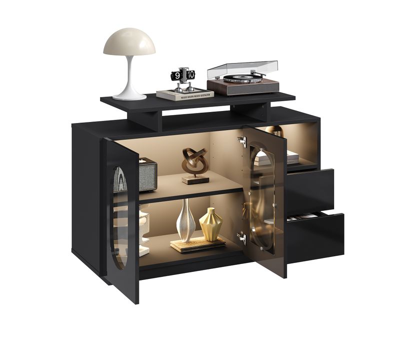 Buffet LED Noir Brillant Avec 2 Tiroirs, 2 Portes Ovales En Verre Et Niche, Rangement Salon/chambre