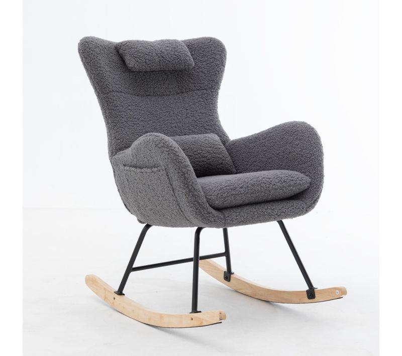 Fauteuil à Bascule En Tissu Teddy Gris, En Métal Et Bois, Chambre Et Salon