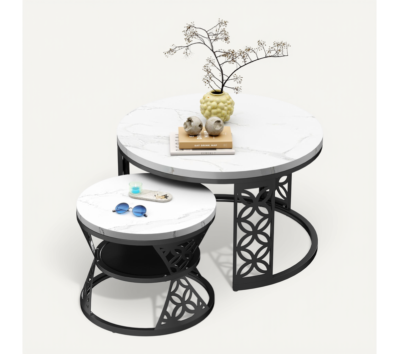 Tables Basses Gigognes Rondes 70x70x45 Cm, Blanc Marbre Et Pieds Noir Avec Étagère, Salon Et Chambre