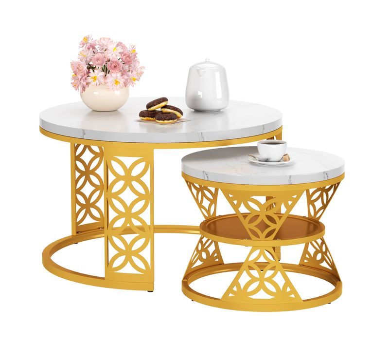 Tables Basses Rondes Gigognes 70x70x45 Cm, Blanc Marbre Avec Pied Métal Doré, Salon Et Chambre