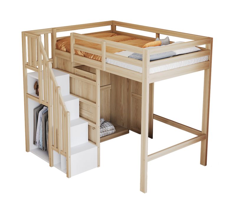 Lit Mezzanine Enfant 90x200 Cm Avec Armoire Et Marches De Rangement, Bois Naturel