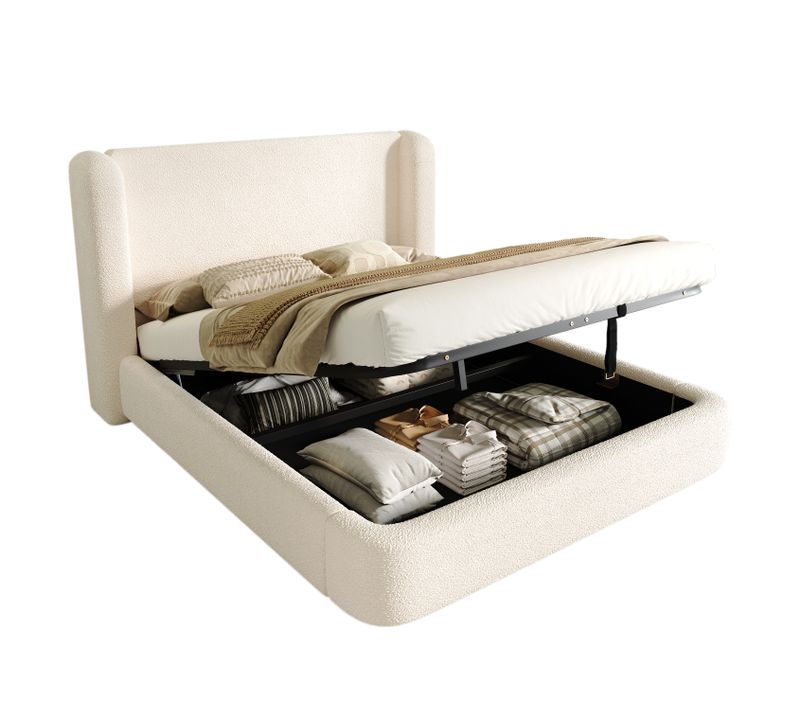 Lit Adulte 160x200 Avec Coffre Hydraulique, Tissu Bouclé Beige, Métal Et Bois, Sommier à Lattes