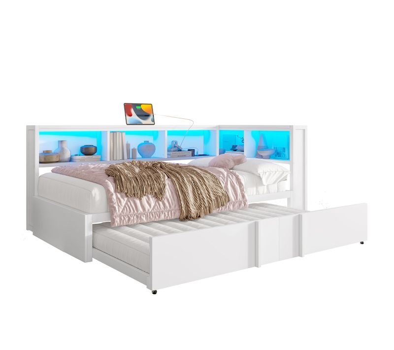 Lit Enfant LED 90x200 Cm Avec Lit Gigogne 90x190 Cm Blanc Avec Rangements, Ports USB Et Sommier