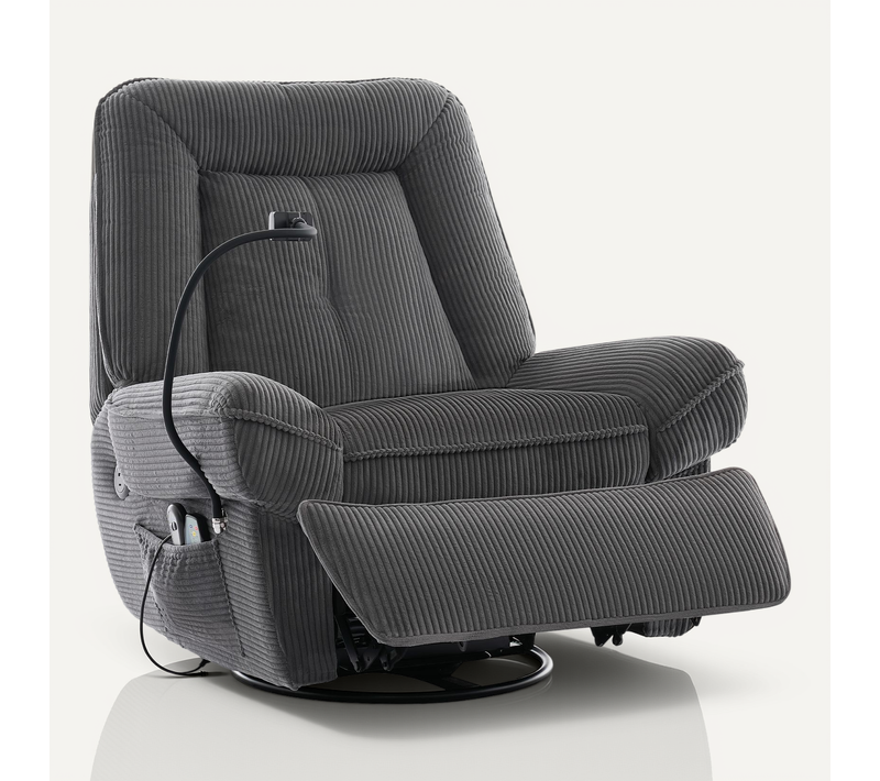 Fauteuil Électrique Relax 360° Velours Côtelé Gris, Massage Chauffant, USB Et Porte-téléphone